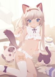 Rule 34 | 1girl, absurdres, animal ears, arm support, backlighting, bandaid, bandaid on leg, blue eyes, blush, cat, cat ears, cat girl, cat tail, female focus, frills, grey hair, highres, komu24, long hair, looking at viewer, milk, milk carton, navel, on table, original, playing with own hair, single thighhigh, sleeveless, solo, table, tail, thighhighs, twintails, very long hair, white thighhighs