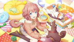 Rule 34 | 1girl, animal, animal ears, black footwear, blue eyes, blurry, blush, boots, breasts, brown hair, cat, depth of field, food, highres, long sleeves, looking at viewer, mochizuki honami, off-shoulder sweater, off shoulder, official art, open mouth, project sekai, short hair, sitting, smile, solo, sweater, tail, wariza, yarn, yarn ball