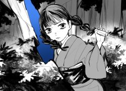 Rule 34 | 1girl, blunt bangs, braid, braid girl (enmu&#039;s recruits), floating hair, forest, frown, hair over shoulder, hand up, highres, holding, holding weapon, japanese clothes, kimetsu no yaiba, kimono, long hair, long sleeves, looking at viewer, mihashi (re4 glo), monochrome, nature, obi, portal (object), sash, solo, spot color, twin braids, upper body, weapon, wide sleeves
