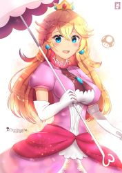 Rule 34 | 1girl, :d, artist name, blonde hair, blue eyes, blush, breasts, chinchongcha, cowboy shot, crown, dress, earrings, elbow gloves, gloves, hair between eyes, highres, holding, holding umbrella, jewelry, long hair, looking at viewer, mario (series), medium breasts, mushroom, nintendo, open mouth, pink dress, princess peach, signature, simple background, smile, solo, umbrella, white background, white gloves