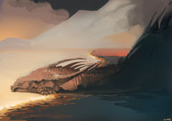 Rule 34 | closed mouth, cloud, dragon, highres, mountain, nishiki areku, no humans, ocean, original, outdoors, red eyes, scales, signature, sketch, solo, sun, sunset, unfinished, water