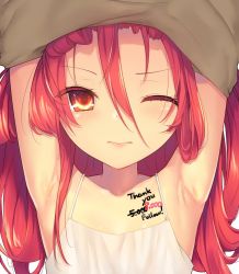Rule 34 | 1girl, armpits, camisole, closed mouth, forehead, hair over one eye, highres, long hair, looking at viewer, ohlia, one eye closed, red eyes, red hair, shakugan no shana, shana, simple background, solo, undressing, upper body, white background, white camisole