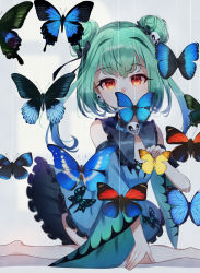 Rule 34 | 1girl, absurdres, ametama (runarunaruta5656), animal print, bare shoulders, blue dress, blue sleeves, bug, butterfly, butterfly print, cleavage cutout, clothing cutout, detached sleeves, double bun, dress, earrings, full body, green hair, hair bun, hair ornament, hair ribbon, highres, hololive, insect, jewelry, kneeling, looking at viewer, red eyes, ribbon, short dress, short hair, skull earrings, skull hair ornament, sleeveless, sleeveless dress, solo, uruha rushia, uruha rushia (1st costume), virtual youtuber, wide sleeves