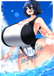Rule 34 | 1girl, bare shoulders, black hair, blue eyes, breasts, cleavage, cloud, collarbone, commission, competition swimsuit, cowboy shot, day, dutch angle, english text, female focus, gigantic breasts, in water, navel, one-piece swimsuit, outdoors, sharp teeth, shiny skin, short hair, sky, solo, swimsuit, teeth, thick thighs, thighs, water, wide hips, yasume (cheap melon soda)