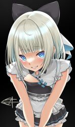 Rule 34 | 1girl, apron, belt, black background, black bow, black shirt, black skirt, blue eyes, bow, glowing, grey belt, hair bow, highres, itoi toi (neo-porte), leaning forward, lips, looking at viewer, maid, miniskirt, neo-porte, parted lips, pleated skirt, prsdubstep, shirt, short hair, shrug (clothing), signature, simple background, skirt, smile, solo, sparkling eyes, v arms, virtual youtuber, white apron, white hair