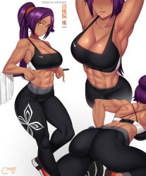Rule 34 | 1girl, 2021, abs, absurdres, armpits, arms up, artist name, ass, back, bare shoulders, bleach, breasts, castell, character name, collarbone, commentary, dark-skinned female, dark skin, dated, english commentary, grey background, highres, large breasts, long hair, looking at viewer, midriff, multiple views, muscular, muscular female, navel, open mouth, ponytail, purple hair, shihouin yoruichi, simple background, sleeveless, sports bra, teeth, tongue, watermark, yellow eyes