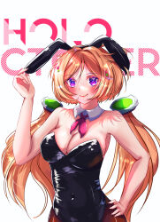 Rule 34 | 1girl, absurdres, aki rosenthal, animal ears, black leotard, blonde hair, blush, bob cut, bow, bowtie, breasts, brown pantyhose, cleavage, closed mouth, covered navel, cowboy shot, detached collar, detached hair, english text, fake animal ears, hand on headwear, hand on own hip, headgear, highleg, highleg leotard, highres, hololive, large breasts, leotard, looking at viewer, low twintails, nuwa 00, pantyhose, parted bangs, playboy bunny, purple eyes, rabbit ears, simple background, smile, solo, sparkle, sparkling eyes, standing, strapless, strapless leotard, twintails, virtual youtuber, white background