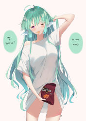 Rule 34 | 1girl, absurdres, ahoge, alternate costume, bag of chips, blouse, blush, breasts, casual, closed mouth, commentary, covered navel, covering privates, covering crotch, cowboy shot, doritos, earrings, english commentary, english text, finana ryugu, fins, fish girl, green hair, hair between eyes, hand in own hair, head fins, head tilt, highres, jewelry, long hair, looking at viewer, medium breasts, mouth hold, nijisanji, nijisanji en, no panties, one eye closed, oversized clothes, oversized shirt, pink background, product placement, purple eyes, see-through, shirt, short sleeves, signature, simple background, smile, solo, speech bubble, thighs, timo wei95, virtual youtuber, white shirt
