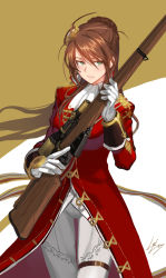 Rule 34 | 1girl, bolt action, braid, brown hair, girls&#039; frontline, gloves, gold trim, green eyes, gun, kws, lee-enfield, lee-enfield (girls&#039; frontline), lee enfield, long hair, looking to the side, military, military uniform, ponytail, rifle, solo, thigh gap, trigger discipline, uniform, weapon, wind