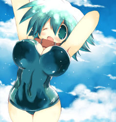 Rule 34 | 1girl, ;d, aqua eyes, aqua hair, arm behind head, armpits, arms up, blush, breasts, cleavage, cloud, collar, covered erect nipples, curvy, day, fang, hip focus, large breasts, lens flare, one-piece swimsuit, one eye closed, open mouth, original, outdoors, pointy ears, sakaki (noi-gren), school swimsuit, short hair, skin tight, sky, smile, solo, standing, swimsuit, wide hips, wink