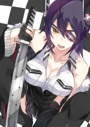 Rule 34 | 1girl, absurdres, bare shoulders, black gloves, black skirt, black thighhighs, breasts, burai yuuki, checkered background, cleavage, collarbone, eyepatch, gloves, highres, kantai collection, large breasts, looking at viewer, open mouth, partially fingerless gloves, purple hair, short hair, skirt, solo, squatting, sword, tenryuu (kancolle), tenryuu kai ni (kancolle), thighhighs, weapon, yellow eyes