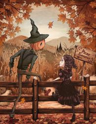 Rule 34 | 1girl, autumn, autumn leaves, black hair, bow, corn field, curly hair, dress, fence, freckles, frilled dress, frills, hackto, hair bow, hat, jack-o&#039;-lantern, maze, monster, original, ringlets, scarecrow, sign, smile, suspenders
