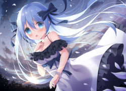 Rule 34 | 1girl, bare shoulders, blue bow, blue eyes, blue hair, blush, bow, breasts, cleavage, cloud, commentary request, commission, dress, floating hair, flower, flower bracelet, frilled dress, frills, grey dress, hair between eyes, hair bow, hand up, long hair, medium breasts, off-shoulder dress, off shoulder, open mouth, original, outdoors, petals, satsuki yukimi, skeb commission, solo, sunrise, very long hair, white flower