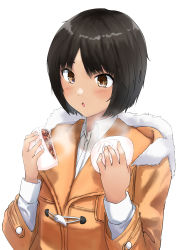 Rule 34 | 1girl, absurdres, amagami, baozi, black hair, blouse, blush, bob cut, brown coat, brown eyes, coat, commentary, dress shirt, duffel coat, food, fur-trimmed coat, fur trim, highres, holding, long sleeves, looking at object, open mouth, parted bangs, shirt, short hair, simple background, solo, steam, tachibana miya, toggles, upper body, white background, white shirt, yoo tenchi