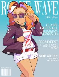 Rule 34 | 1girl, 2024, absurdres, adjusting eyewear, barcode, belt, black choker, black jacket, breasts, brown hair, choker, commentary, commission, cover, critatonic, drill hair, english commentary, english text, fake magazine cover, forehead, gradient background, green eyes, highres, inkling, inkling girl, inkling player character, jacket, magazine cover, medium breasts, multicolored hair, nintendo, orange hair, red belt, roots (hair), shirt, short shorts, shorts, solo, splatoon (series), sunglasses, tentacle hair, white shirt, white shorts