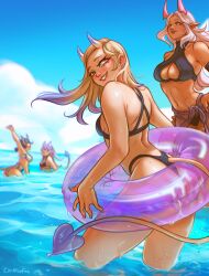 Rule 34 | 4girls, ass, bikini, black bikini, blonde hair, blue sky, blurry, breasts, cerise (chiffonfae), character request, chiffonfae, cleavage, cleavage cutout, clothing cutout, colored tips, commentary, dark-skinned female, dark skin, day, demon girl, demon tail, depth of field, earrings, english commentary, grin, highres, horns, innertube, jewelry, large breasts, multicolored hair, multiple girls, ocean, oni, original, pink horns, purple eyes, purple hair, red eyes, sky, small breasts, smile, solo focus, summer, swim ring, swimsuit, tail, tankini, wading, wet, white hair