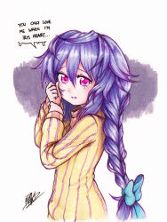 Rule 34 | 10s, 1girl, aqua bow, blush, bow, braid, english text, female focus, from side, hair between eyes, hair bow, isaki tanaka, kami jigen game neptune v, long hair, long sleeves, looking at viewer, neptune (series), parted lips, pink eyes, ponytail, purple hair, pururut, ribbed sweater, signature, single braid, solo, speech bubble, sweater, tears, turtleneck, white background, yellow sweater