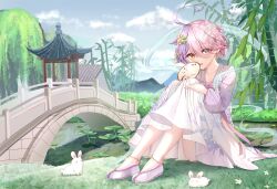 Rule 34 | 1girl, architecture, benghuai xueyuan, blush, china dress, chinese clothes, dress, east asian architecture, hand fan, heterochromia, highres, honkai (series), light purple hair, lily pad, long sleeves, multicolored hair, open mouth, pink hair, purple eyes, rabbit, short hair, sin mal0909, sin mal (benghuai xueyuan), solo, split-color hair, yellow eyes