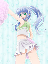 Rule 34 | 1girl, alternate hairstyle, armpits, ass, blue hair, cheerleader, green eyes, highres, index (toaru majutsu no index), jirou (asami0512jump), long hair, midriff, miniskirt, open mouth, outstretched arms, panties, pantyshot, pom pom (cheerleading), ponytail, skirt, smile, solo, spread arms, toaru majutsu no index, underwear, upskirt, white panties, wind, wind lift
