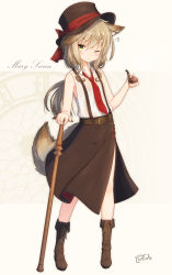 Rule 34 | 1girl, ;&lt;, absurdres, animal ear fluff, animal ears, bare arms, bare shoulders, belt, belt buckle, black hat, black skirt, blouse, blush, boots, bow, brown background, brown belt, brown footwear, brown hair, buckle, cane, character name, closed mouth, collarbone, collared shirt, commentary request, coreytaiyo, cross-laced footwear, dated, dog ears, dog girl, dog tail, flying sweatdrops, full body, hair between eyes, hat, hat bow, highres, holding, holding smoking pipe, lace-up boots, long hair, looking at viewer, low ponytail, mary swan (coreytaiyo), necktie, one eye closed, original, ponytail, red bow, red necktie, shirt, signature, skirt, sleeveless, sleeveless shirt, smoking pipe, solo, standing, suspender skirt, suspenders, sweat, tail, very long hair, white shirt, yellow eyes