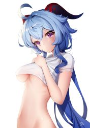 Rule 34 | 1girl, ahoge, alternate costume, ankkoyom, blue hair, breasts, closed mouth, crop top, ganyu (genshin impact), genshin impact, goat horns, groin, hands on own chest, hands up, head tilt, highres, horns, long hair, looking at viewer, low ponytail, medium breasts, navel, no bra, purple eyes, shirt, short sleeves, simple background, solo, stomach, underboob, upper body, white background, white shirt