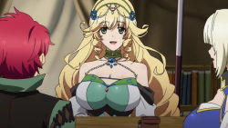 Rule 34 | 10s, 1boy, 2girls, bare shoulders, blonde hair, breasts, cleavage, collar, drill hair, green eyes, hair ornament, jewelry, large breasts, limalisha, long hair, looking at viewer, madan no ou to vanadis, multiple girls, open mouth, red hair, screencap, sitting, smile, sofya obertas, table, tigrevurmud vorn, very long hair