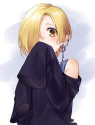 Rule 34 | 1girl, bare shoulders, blonde hair, blue background, blue tank top, blush, earrings, flying sweatdrops, hair over one eye, highres, idolmaster, idolmaster cinderella girls, idolmaster cinderella girls starlight stage, jewelry, looking at viewer, shirasaka koume, short hair, simple background, sleeves past wrists, solo, tank top, toujou masateru, yellow eyes