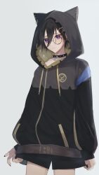 Rule 34 | 1boy, animal hood, bespectacled, black collar, black hair, black jacket, black nails, black shorts, cat hood, closed mouth, collar, commentary request, cowboy shot, drawstring, glasses, hair between eyes, hair ornament, hairclip, hatake usagi, highres, holostars, hood, hood up, hooded jacket, jacket, kanade izuru, lightning bolt, lightning bolt hair ornament, lightning bolt symbol, looking at viewer, male focus, o-ring, official alternate costume, purple eyes, round eyewear, short hair, short shorts, shorts, simple background, skull print, sleeves past wrists, solo, spiked collar, spikes, virtual youtuber, white background