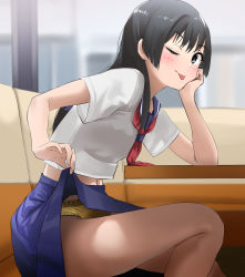 Rule 34 | 1girl, black hair, blouse, blue eyes, blue sailor collar, blue skirt, blush, clothes lift, commission, day, elbow rest, feet out of frame, female focus, from side, head rest, highres, indoors, lifting own clothes, long hair, looking at viewer, midriff, navel, neckerchief, one eye closed, panties, pixiv commission, pleated skirt, red neckerchief, sailor collar, sakugawa school uniform, saten ruiko, school uniform, serafuku, shirt, sitting, skirt, skirt lift, smile, solo, tama (tamago), teasing, thighs, toaru kagaku no railgun, toaru majutsu no index, tongue, tongue out, underwear, white shirt, yellow panties