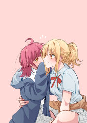 Rule 34 | 2girls, :3, absurdres, ahoge, blonde hair, blue jacket, blunt bangs, blush, braid, breasts, brown cardigan, cardigan, cardigan around waist, closed mouth, clothes around waist, collared shirt, commentary request, dress shirt, fingernails, grey skirt, hand on another&#039;s waist, highres, hood, hood down, hooded jacket, jacket, jacket around waist, kashikaze, large breasts, long hair, long sleeves, love live!, love live! nijigasaki high school idol club, miyashita ai, multiple girls, neck ribbon, nijigasaki school uniform, open clothes, open jacket, orange eyes, pink background, pink hair, pleated skirt, ponytail, red ribbon, ribbon, school uniform, shirt, short sleeves, sidelocks, simple background, sitting, skirt, sleeves past fingers, sleeves past wrists, tennoji rina, whispering, white shirt, yellow eyes