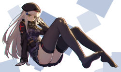 Rule 34 | 1girl, ass, beret, black gloves, black hat, blunt bangs, breasts, commentary request, facial tattoo, feet, flag print, full body, german flag, girls&#039; frontline, gloves, green eyes, hair ornament, hat, highres, hk416 (girls&#039; frontline), hongchajun, jacket, light rays, long hair, looking at viewer, medium breasts, miniskirt, multicolored clothes, multicolored gloves, no shoes, panties, plaid, plaid skirt, pleated skirt, simple background, sitting, skirt, square, tattoo, teardrop, thighhighs, underwear, white gloves, white hair