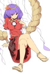 Rule 34 | 1girl, animal on finger, crossed legs, floral print, frog, full body, highres, layered sleeves, leaf, long sleeves, looking at viewer, maguro (mawaru sushi), maple leaf, mirror, print skirt, puffy sleeves, purple hair, red eyes, red shirt, red skirt, rope, sandals, shimenawa, shirt, short hair, short over long sleeves, short sleeves, simple background, skirt, smile, solo, touhou, white background, yasaka kanako