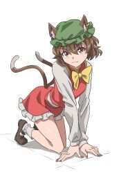 Rule 34 | 1girl, absurdres, all fours, animal ear fluff, animal ears, bow, bowtie, breasts, brown hair, cat ears, cat tail, chen, earrings, full body, green hat, gyouza (mhea5724), hat, highres, jewelry, looking at viewer, mob cap, multiple tails, nail polish, nekomata, red nails, shoes, short hair, small breasts, smile, socks, solo, tail, touhou, two tails, white background, yellow bow, yellow bowtie