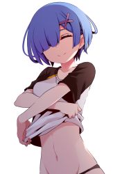 Rule 34 | 1girl, black panties, black sleeves, blue hair, borrowed clothes, clothes lift, collarbone, closed eyes, facing viewer, groin, hair ornament, hair over one eye, highres, lifted by self, midriff, navel, panties, re:zero kara hajimeru isekai seikatsu, rem (re:zero), shirt, shirt lift, short hair, short sleeves, simple background, smile, solo, stomach, underwear, undressing, upper body, white background, white shirt, x hair ornament, yasehattagi
