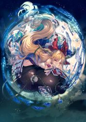 Rule 34 | 1girl, bare arms, bare shoulders, blonde hair, bow, chain, commentary request, cuffs, dress, gourd, hair bow, highres, horns, ibuki suika, long hair, looking at viewer, low-tied long hair, lying, moon, night, night sky, on stomach, red bow, shackles, sky, sleeveless, sleeveless dress, smile, solo, touhou, u u zan, very long hair, wrist cuffs, yellow eyes