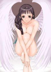 Rule 34 | 1girl, angel, angel wings, braid, brown hair, highres, legs, long legs, nude, ribbon, smile, solo, tony taka, tsubasa no hatameki, wings, yukifuji mika