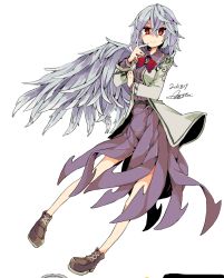 Rule 34 | 1girl, aoi kujira, brooch, colored eyelashes, expressionless, eyelashes, finger to mouth, hair between eyes, highres, jewelry, kishin sagume, looking at viewer, red eyes, red pupils, short hair, silver hair, single wing, solo, touhou, white background, wings