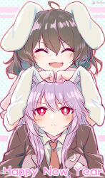 Rule 34 | 2girls, ahoge, alternate eye color, animal ears, artist name, blue background, breasts, brown hair, brown jacket, closed eyes, closed mouth, collared jacket, collared shirt, commentary request, crescent, crescent pin, dress, english text, grey shirt, hair between eyes, hands on another&#039;s head, hands up, happy new year, highres, inaba tewi, jacket, kinese (katasutorohu), long hair, long sleeves, looking at another, looking down, medium breasts, multicolored background, multiple girls, necktie, new year, open mouth, pink background, pink dress, pink eyes, pocket, puffy short sleeves, puffy sleeves, purple hair, rabbit ears, red necktie, reisen udongein inaba, shirt, short hair, short sleeves, sidelocks, sitting, smile, standing, touhou, v-shaped eyebrows, white background