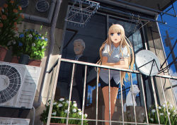 Rule 34 | 1boy, 1girl, absurdres, air conditioner, balcony, black pants, blonde hair, blue eyes, cat, clothes hanger, day, drink, facial hair, flower, formal, grey hair, hanagamigendai, highres, leaning forward, long hair, mustache, necktie, old, old man, original, outdoors, pants, power lines, radar dish, railing, standing, suit, yojouhan