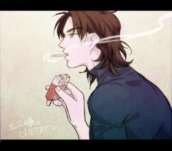 Rule 34 | 1boy, brown eyes, brown hair, buretin, cheekbones, cigarette, fate/stay night, fate (series), from side, kotomine kirei, letterboxed, male focus, profile, smoking, solo, upper body