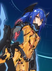 Rule 34 | 1girl, blue background, blue hair, bodysuit, breasts, cowboy shot, exoskeleton, gradient hair, headpiece, highres, long hair, looking at viewer, multicolored hair, ohlia, parted lips, phantasy star, phantasy star online, phantasy star online 2, quna (pso2), small breasts, solo, standing, yellow bodysuit, zelsius