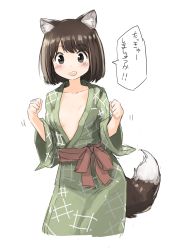 Rule 34 | 1girl, animal ears, black eyes, black hair, blush, breasts, fox ears, fox tail, japanese clothes, looking at viewer, nosuku, open mouth, original, short hair, sketch, small breasts, smile, solo, tail, translated