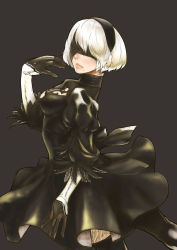 Rule 34 | 1girl, android, black dress, blindfold, breasts, dress, gloves, highres, kisa (haqua), medium breasts, mole, mole under mouth, nier (series), nier:automata, puffy sleeves, short hair, simple background, solo, thighhighs, white hair, 2b (nier:automata)