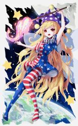 Rule 34 | 1girl, absurdres, american flag dress, american flag pants, american flag print, arm up, black sky, blonde hair, breasts, clownpiece, dress, earth (planet), fairy wings, fang, fire, flying, hand up, hat, highres, holding, holding torch, jester cap, kayakusa cafu, long hair, medium breasts, moon, neck ruff, no shoes, open mouth, pants, pink fire, planet, polka dot, print pants, purple hat, red eyes, short sleeves, sky, smile, solo, space, star (sky), star (symbol), star print, starry sky, striped clothes, striped dress, striped pants, tongue, torch, touhou, very long hair, wings