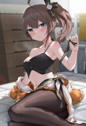 Rule 34 | 1girl, absurdres, ahoge, aqua eyes, black camisole, black ribbon, blurry, blurry background, blush, breasts, brown hair, brown pantyhose, camisole, cleavage, closed mouth, collarbone, commentary request, green ribbon, hair ribbon, highres, hololive, indoors, jacket, kaguya (srx61800), looking at viewer, medium breasts, midriff, natsuiro matsuri, natsuiro matsuri (1st costume), off shoulder, orange jacket, pantyhose, ribbon, side ponytail, skirt, solo, sweat, two-tone ribbon, virtual youtuber, white skirt