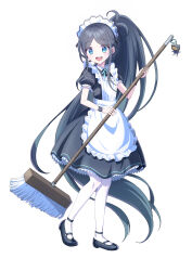 Rule 34 | absurdres, apron, aris (blue archive), aris (maid) (blue archive), black hair, blue archive, blue eyes, highres, holding, holding mop, looking at viewer, maid, maid apron, maid headdress, mop, official alternate costume, official alternate hairstyle, pantyhose, simple background, todeu (cool8254), white background, white pantyhose
