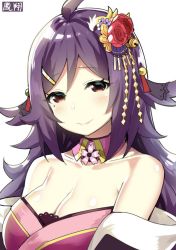 Rule 34 | 1girl, ahoge, animal ears, azur lane, bare shoulders, breasts, cleavage, flower, hair ornament, houshou (azur lane), japanese clothes, kimono, large breasts, long hair, looking at viewer, mole, mole under eye, off shoulder, purple hair, red eyes, signature, sky-freedom, smile, solo, upper body