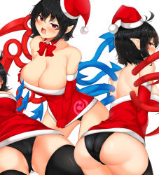 Rule 34 | 1girl, alternate costume, ass, asymmetrical wings, black hair, black panties, black thighhighs, blue wings, blush, bow, bowtie, breasts, cameltoe, christmas, closed mouth, collar, commentary request, cowboy shot, daichi (tokoya), detached collar, dress, elbow gloves, gloves, hat, highres, houjuu nue, large breasts, looking at viewer, multiple views, open mouth, panties, pointy ears, red bow, red bowtie, red collar, red eyes, red gloves, red wings, santa costume, santa hat, short dress, short hair, simple background, strapless, strapless dress, thighhighs, touhou, underwear, white background, wings