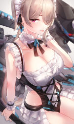 Rule 34 | 1girl, bare shoulders, blonde hair, blush, breasts, cleavage, detached collar, frills, hair over one eye, highres, honkai (series), honkai impact 3rd, kfr, large breasts, long hair, looking at viewer, maid headdress, mole, mole under eye, one-piece swimsuit, pink eyes, polearm, rita rossweisse, sitting, smile, solo, swimsuit, thighs, weapon, white one-piece swimsuit
