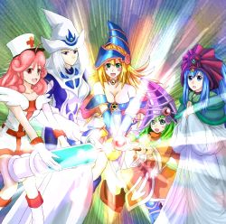 Rule 34 | 5girls, blonde hair, blue hair, blush, bow, breasts, card ejector, cleavage, collar, dark magician girl, duel monster, gloves, green hair, injection fairy lily, lady of faith, long hair, multiple girls, open mouth, pink hair, silent magician, silent magician lv8, staff, syringe, wand, white hair, yu-gi-oh!, yuu-gi-ou, yu-gi-oh! duel monsters
